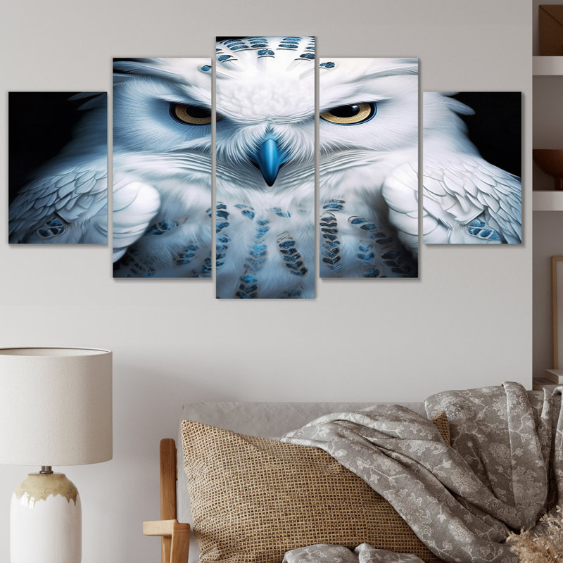 Portrait d'un hibou blanc et turquoise sur toile - animaux chouette sur toile - 5 panneaux