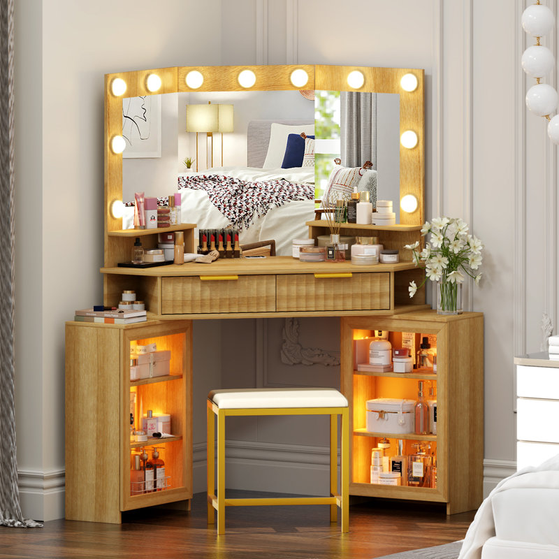 Dressing Table with Motion Sensor 3-colour lighting, Charging Socket and Stool, Beige