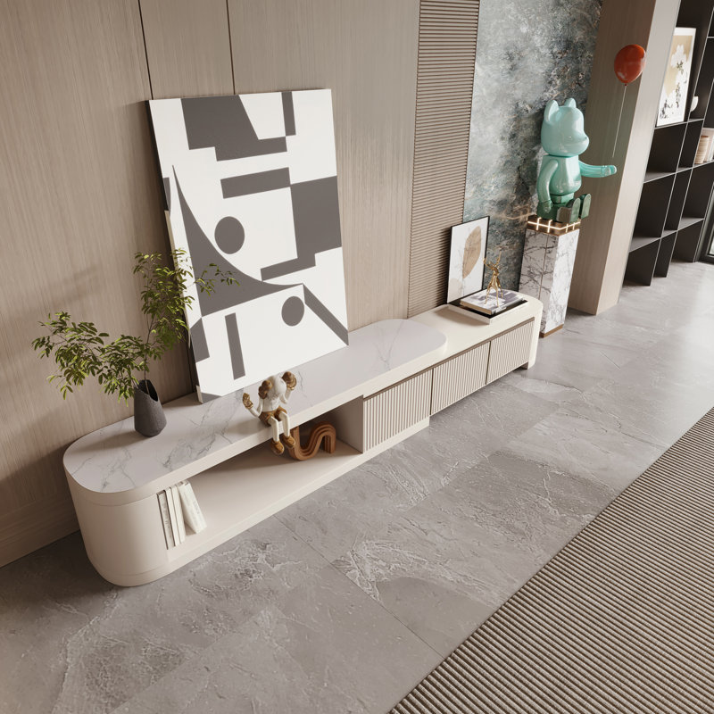 Extendable Modern Wood TV Stand With Faux Marble Countertop, Media Console With 3 Drawers, Fully Assembled