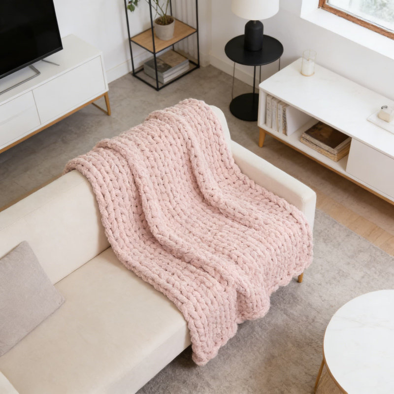 Jeté Chunky Knit Chenille, L 63 po x l 51 po, Rose
