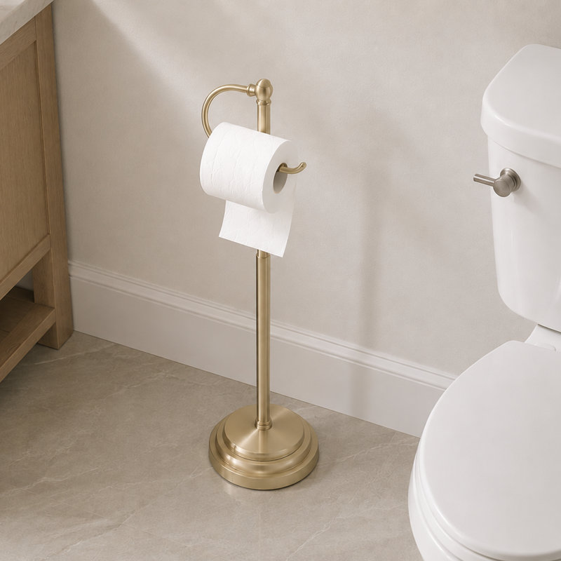 Porte-papier hygiénique sur pied pour salle de bain, avec base lestée, fini or brossé, Or brossé