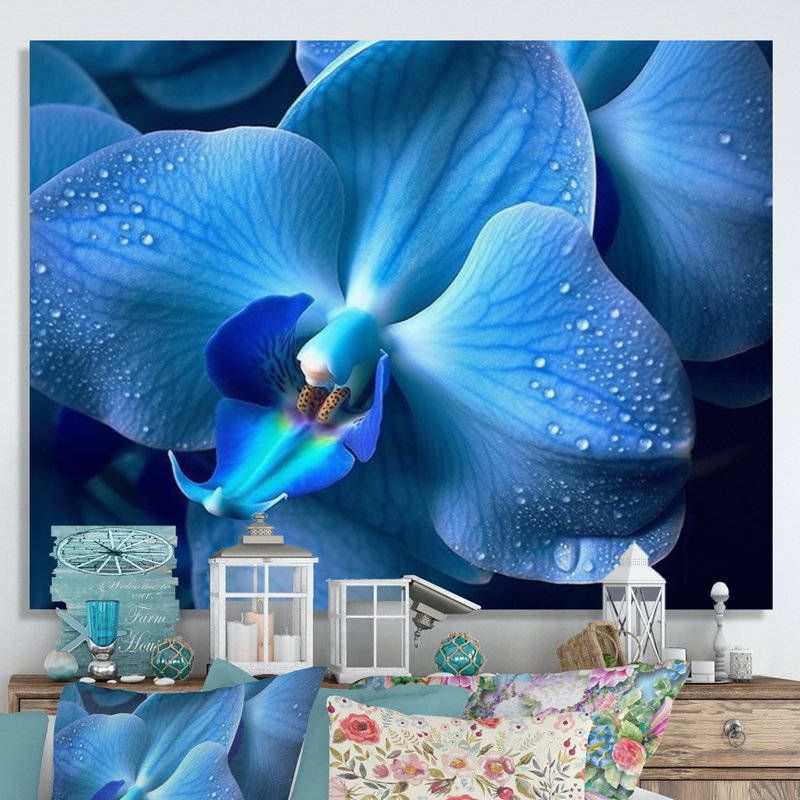 Orchidées exotiques bleues - art mural floral, Toile tendue, H 24 po x l 32 po x P 1 po