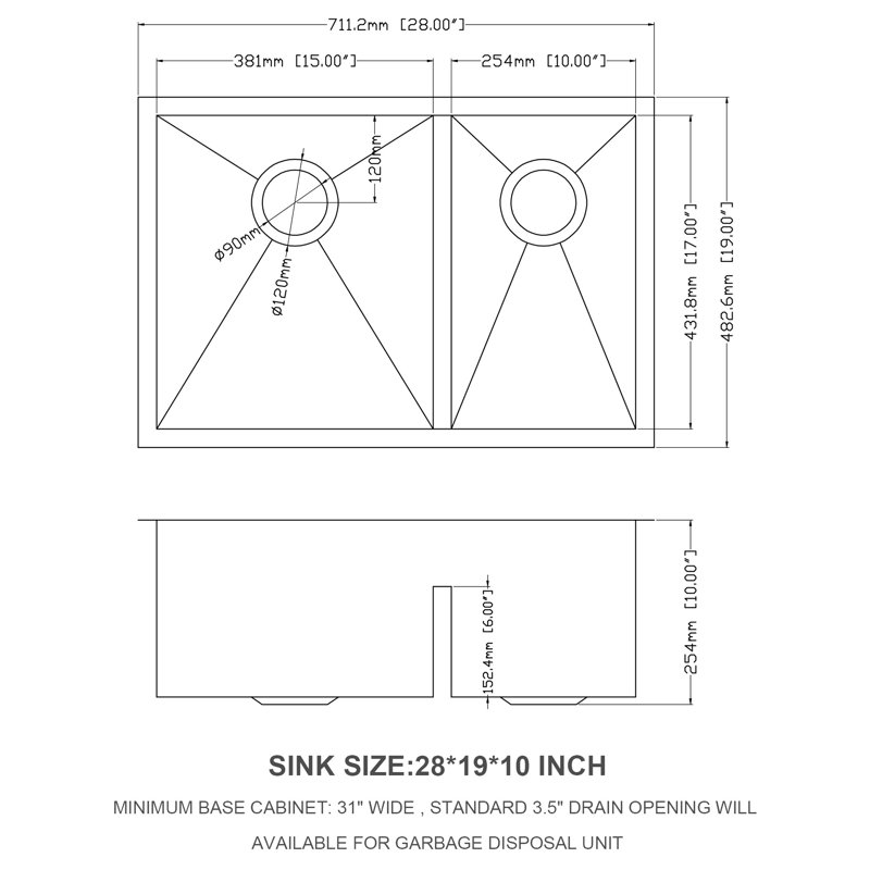 16 Gauge 28"X19" 60/40 Double Bowl Undermount Kitchen Sink, 10" Deep Basins, Rear 3.5 Drain, X Grooves For Efficient Drainage, 3Mm Sound - Absorbing Pads, Condensation , Package With Drying Rack,