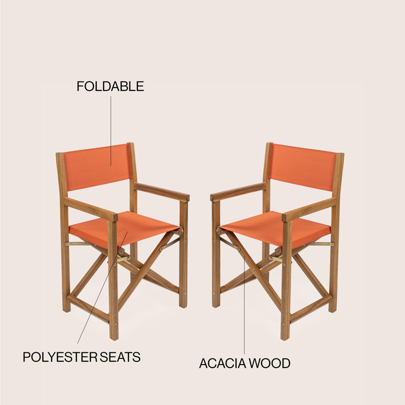 Cukor Coastal Acacia Wood Folding Outdoor Director Chairs, Orange Polyester Fabric Seat & Teak Brown Frame for Patio, Deck & Balcony