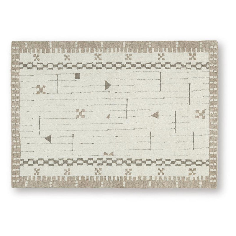 Tapis moyen Dotty, motif de bordure géométrique taupe, laine crème 5 x 7