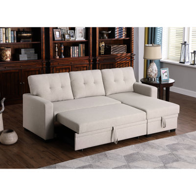 Canapé modulaire rembourré beige avec méridienne - rembourrage en mousse de lin à 3 sièges, coussins de dossier amovibles et rangement pour accueillir et divertir les attentes des visiteurs de nuit