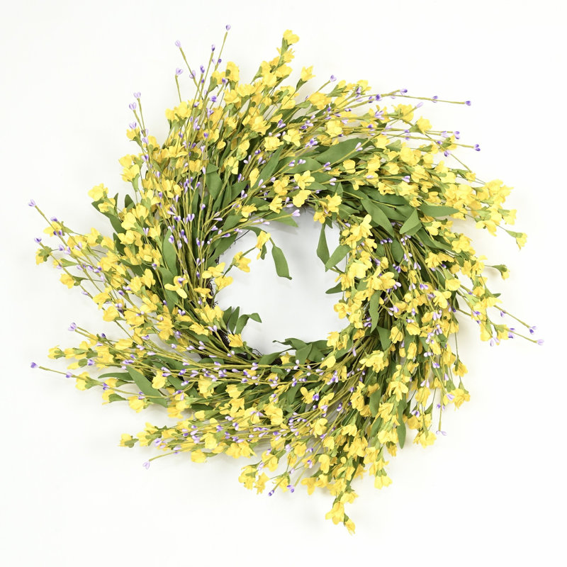 Couronne florale artificielle 24 po pour la porte d'entrée, Mauve / Vert / Jaune