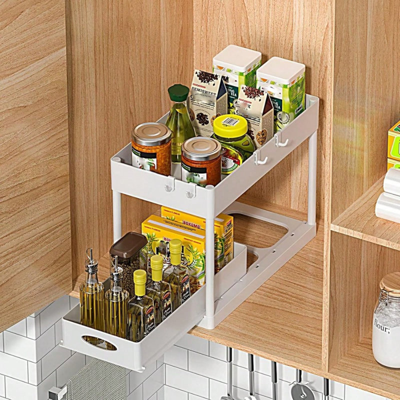Ensemble de 2 paniers de rangement sous le lavabo, organisateur d'armoire de salle de bain, tiroir de rangement coulissant pour armoire à 2 niveaux, paniers de rangement polyvalents pour salle de bain sous le comptoir avec 8 crochets, étagères utilitaires