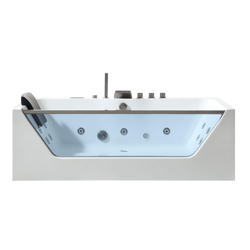 71 In. Whirlpool Bathtub Rectangular Jetted Spa Bath Tub With Center Drain - Brushed Nickel Tub Filler In White