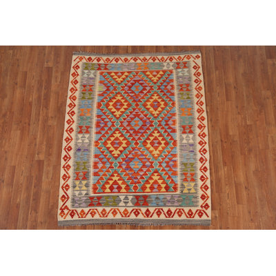 Tapis géométrique réversible en laine Kilim 5 x 6