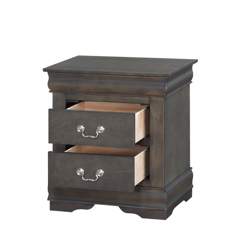 Table de chevet 2 tiroirs gris foncé, poignées à tirer luxueuses