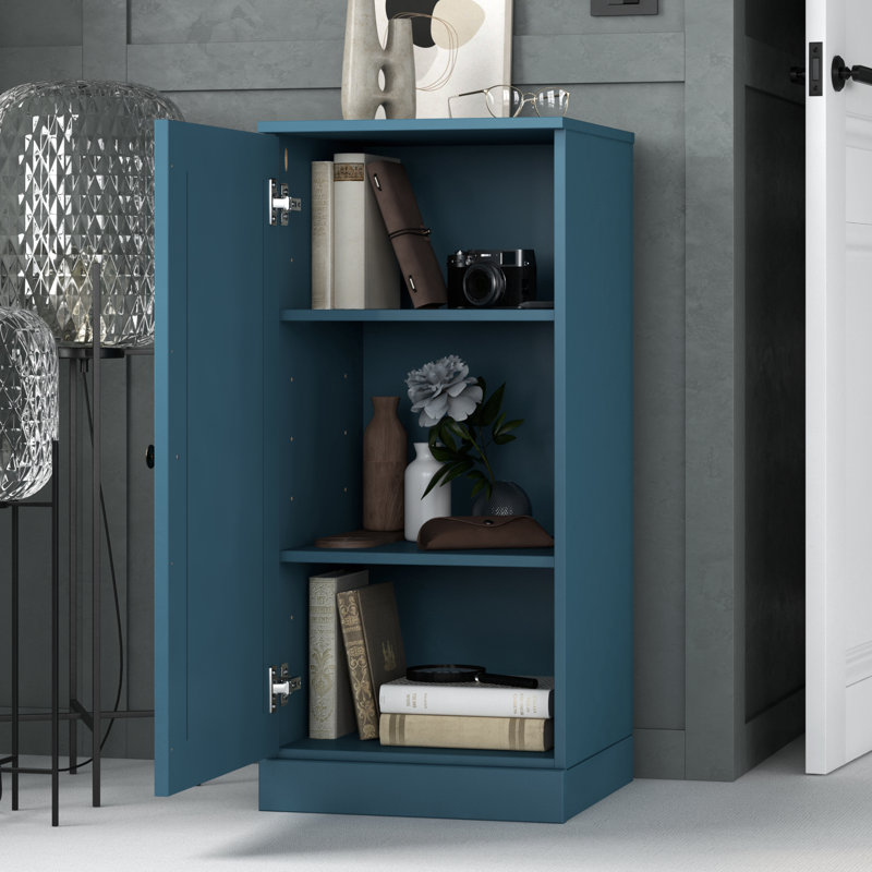 100% Solid Wood 3-Shelf Bookcase with Solid Door and Adjustable Shelves, Teal Blue