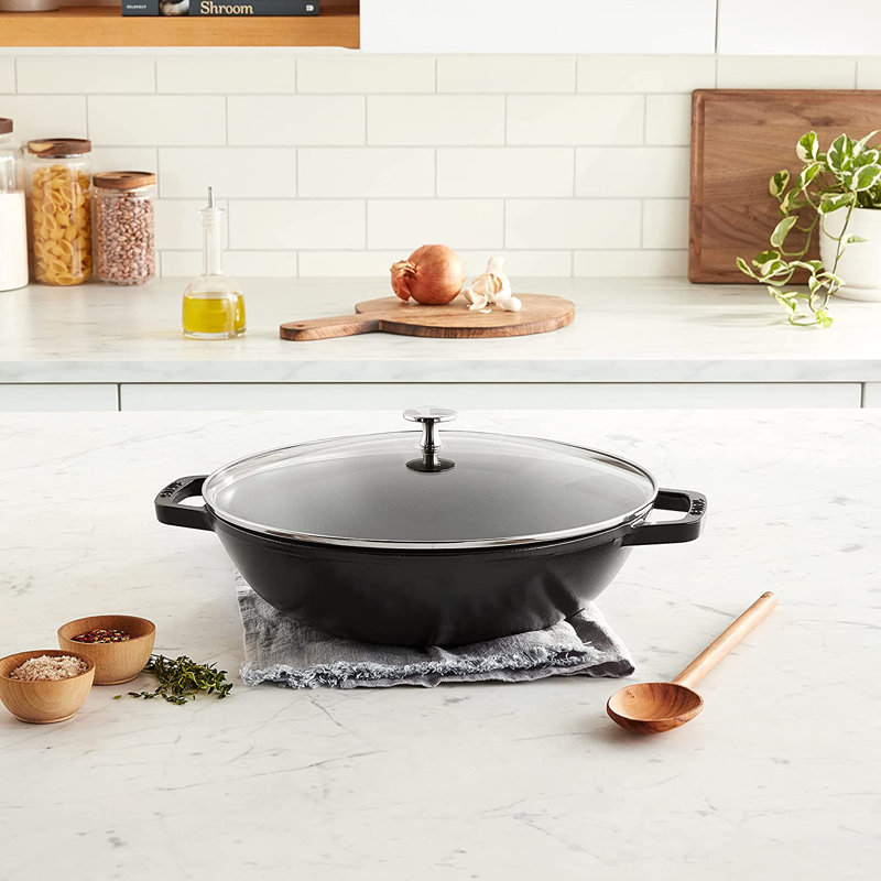 Staub Cast Iron Wok with Lid, Black Matte