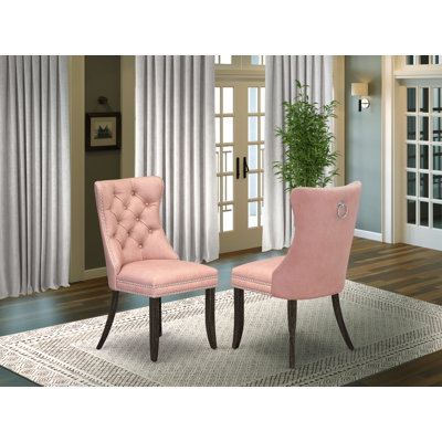 Dallas Parson Kitchen Chairs - Button Tufted Nailhead Beige Red Polyester Fabric Upholstered Dining Chairs, Set of 2, Distressed Jacobean