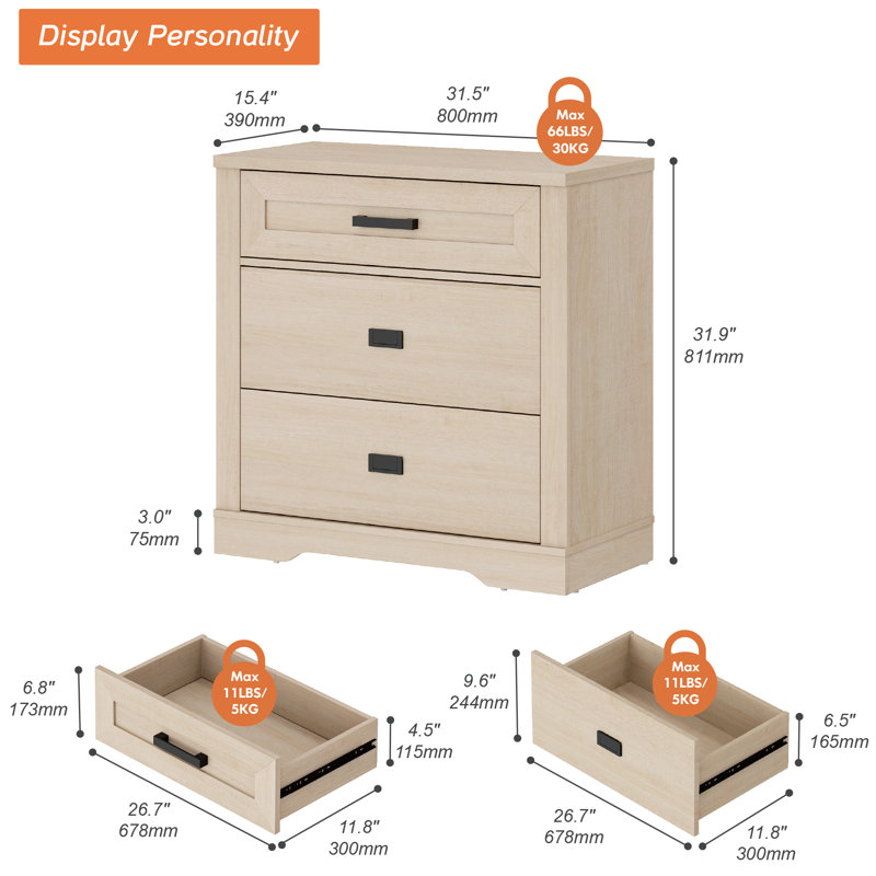 Laziza Modern Farmhouse Wooden 3-Drawer Dresser For Kids, Beige