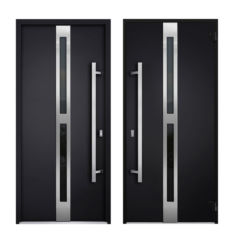 Porte avant en acier pré-suspendue à l'avant / deux portes en émail noir 1755 / fenêtre extérieure latérale / inserts en acier inoxydable peints simples modernes - l 36 po x H 80 po - Pivot à droite