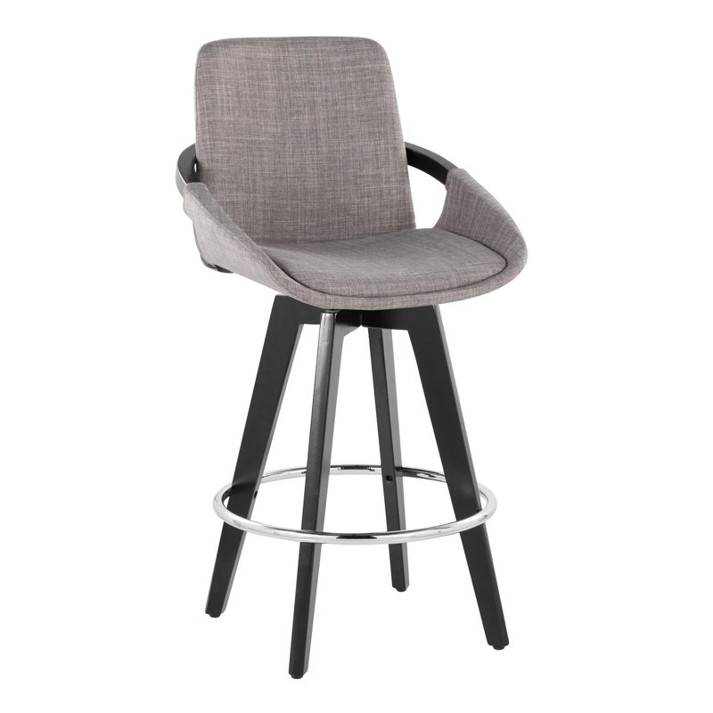 Tabouret de comptoir à hauteur fixe avec pivot en bois et tissu avec repose-pieds arrondi en métal chromé - ensemble de 2
