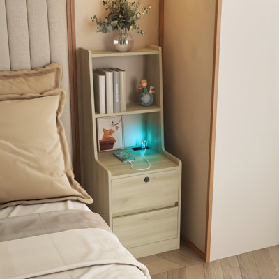 Bedside Table With Charging Station, Bookshelf & Storage Cabinet