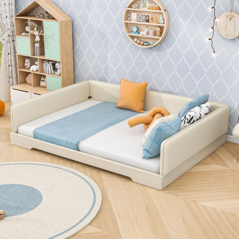 Lit ajustable rembourré Montessori avec rails amovibles, Grand lit, Beige