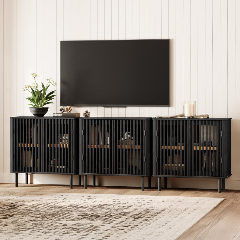 Meuble télé moderne du milieu du siècle, 240 cm de large, en bois, avec rangement pour téléviseurs jusqu'à 254 cm (100 pouces), noir.