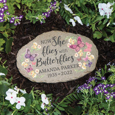 Personalized Memorial Garden Stone for Her – Now She Flies with Butterflies – Custom Name & Dates Sympathy Gift, Outdoor Remembrance Stone, Bereavemen
