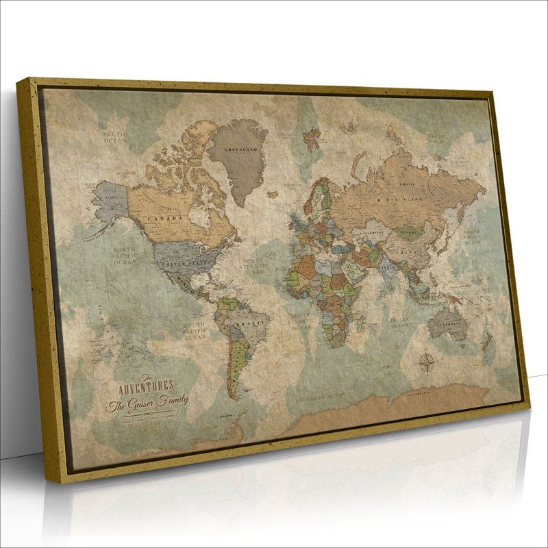 Carte du monde personnalisée sur toile à punaises personnalisable, H 24 po x l 40 po , Cadre flottant doré antique, Oui