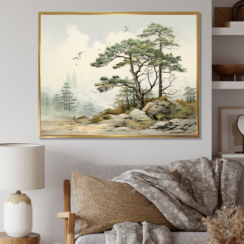 «Pine Tree Harmony of II», reproduction sur toile, 24" H x 32" W, Cadre flottant doré