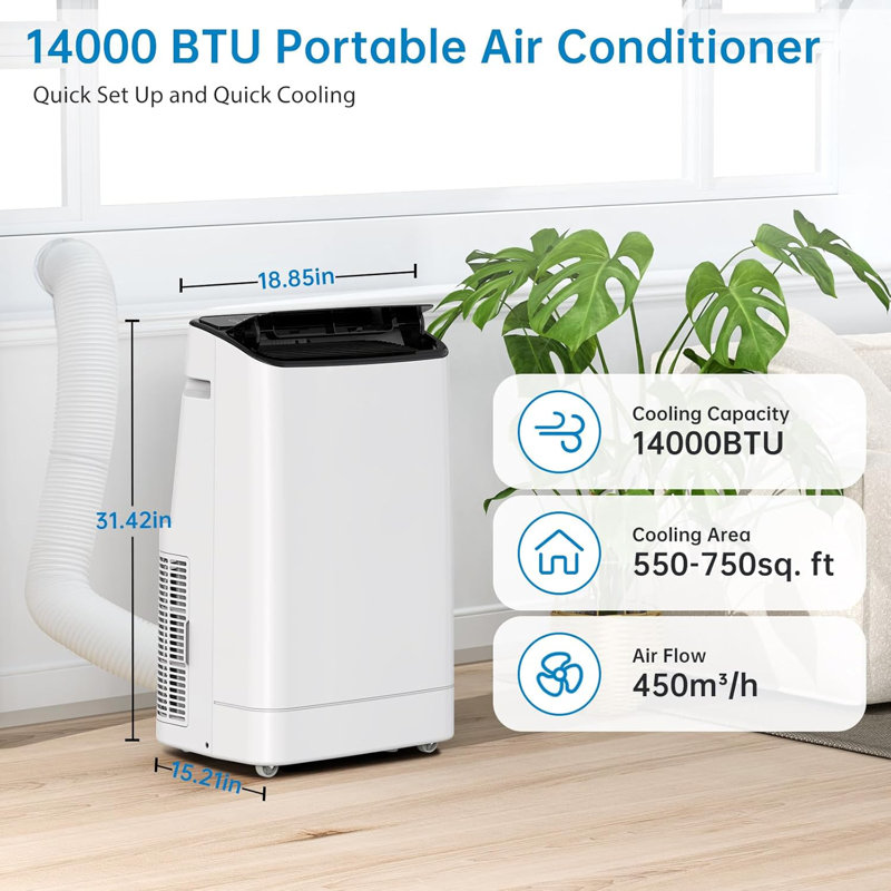 14,000 BTU Portable Air Conditioner, Quiet & Powerful, Follow Me Function, Ideal For Small Rooms, LCD Remote Control, US Plug, White