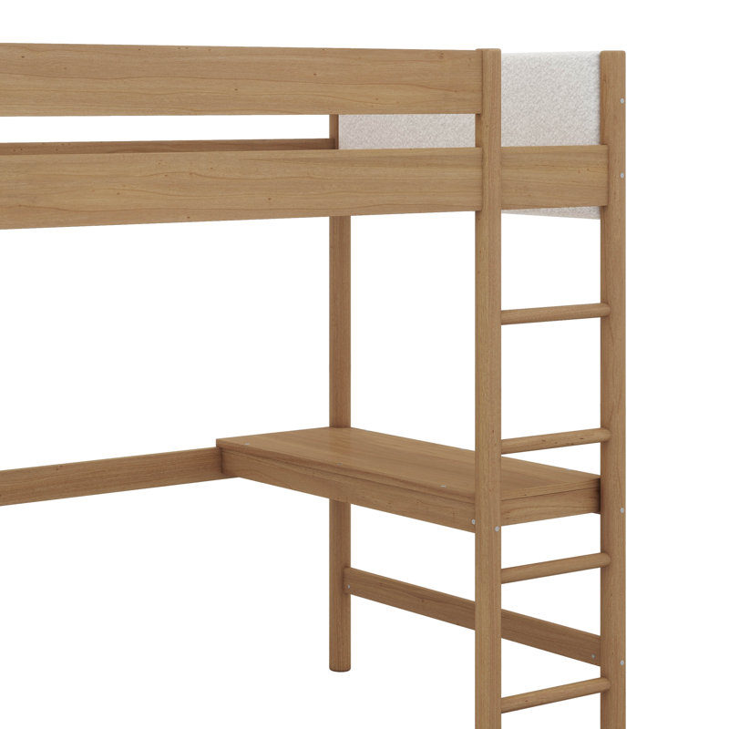 Lit mezzanine simple avec bureau, lit superposé en bois d'hévéa avec échelle et garde-corps, tête / pied de lit rembourré Boucle, petit espace, naturel