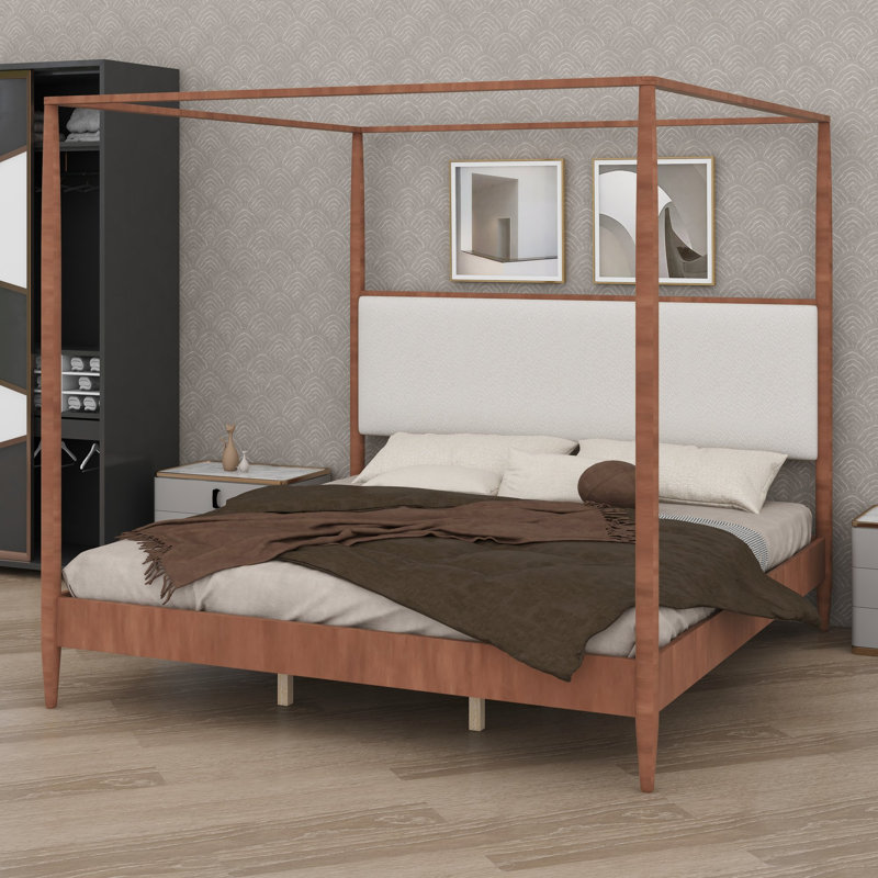 Cadre de lit à baldaquin avec tête de lit moelleuse et structure renforcée pour un style moderne, King, Noyer