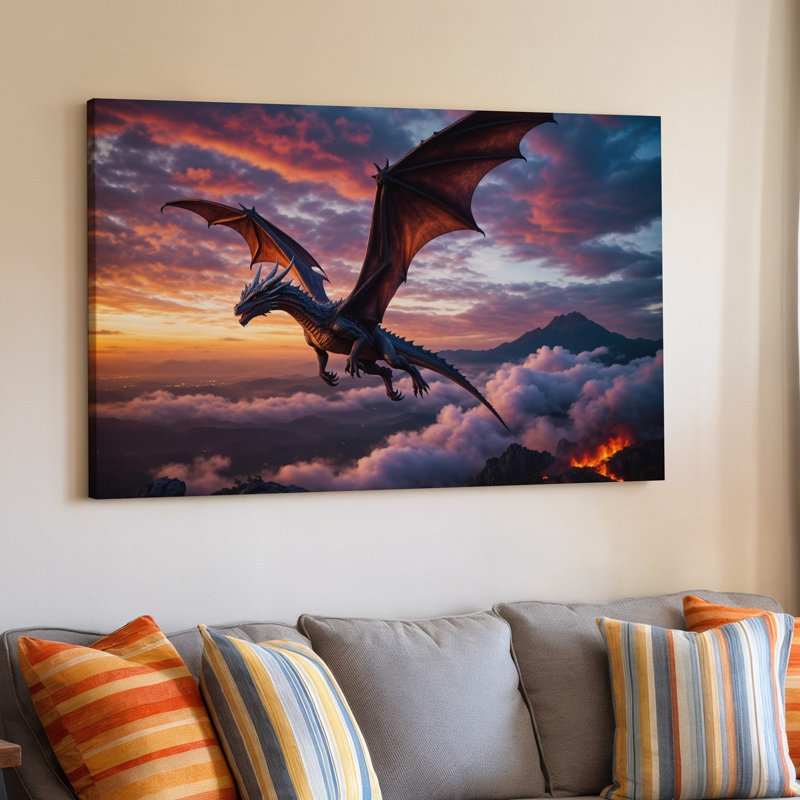 Toile, Un majestueux dragon survole un ciel éclatant au coucher du soleil, art mural, H 9 po x l 12 po