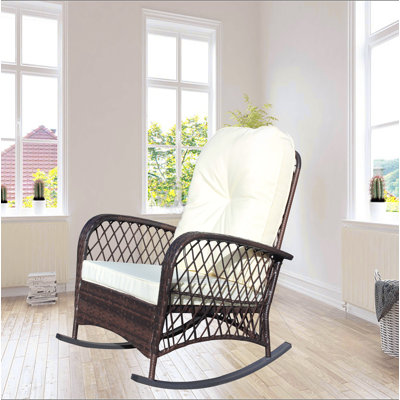Chaise berçante d'extérieur en osier avec assise large, coussin épais et moelleux, chaise berçante en rotin avec structure en acier, capacité de poids élevée pour patio, jardin, cour arrière, coussin beige