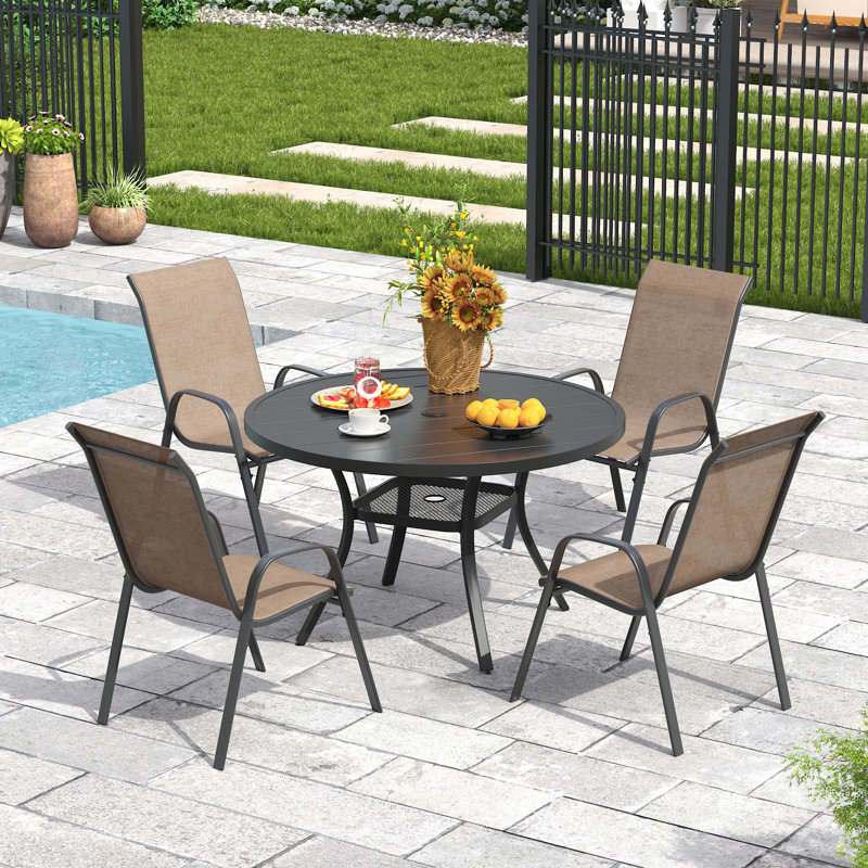 4-Person Outdoor Round Patio Dining Set With Stackable Chairs, Black, Brown