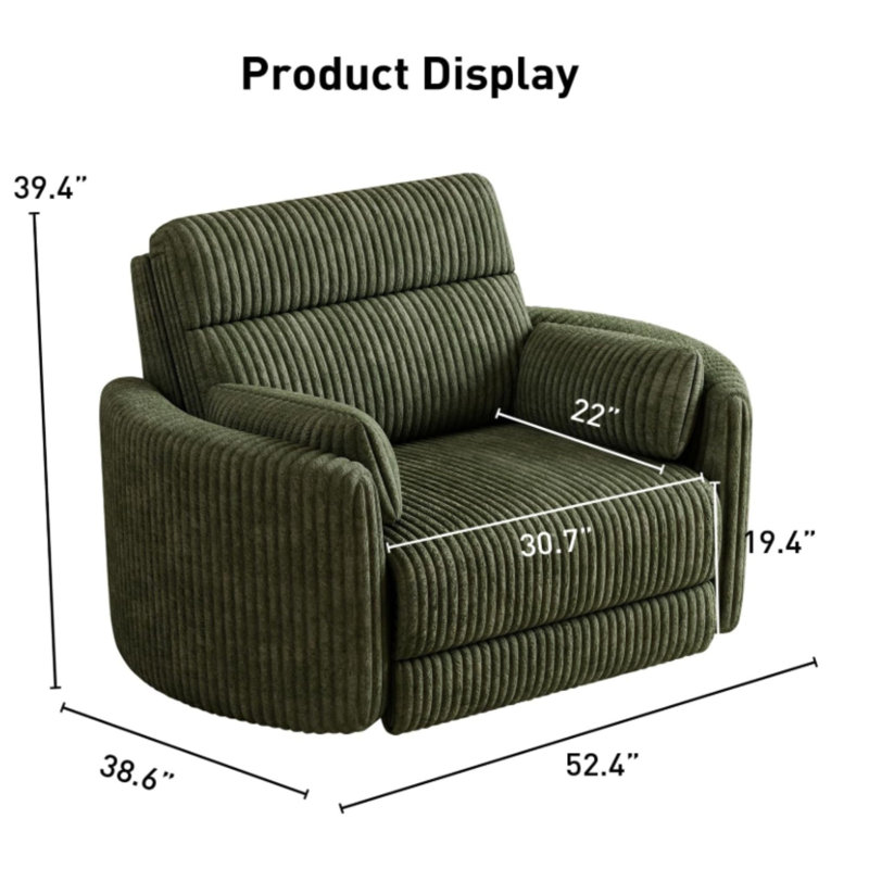 Fauteuil inclinable électrique moderne en velours côtelé de 133 cm de large avec coussins décoratifs et ports de chargement