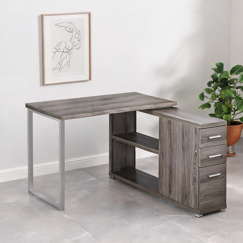 Bureau d'ordinateur en L avec tiroir classeur, stratifié beige neutre et acier gris, poste de travail d'angle de 47,25 pouces
