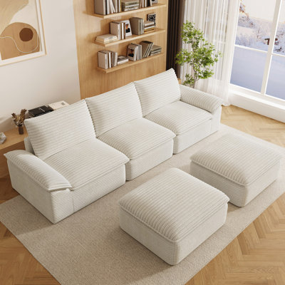 Canapé modulaire en forme de U avec repose-pieds 111 po, canapé en velours côtelé 3 places pour le salon, moelleux dans une boîte (noir, en forme de U - 3 places + 2 repose-pieds)