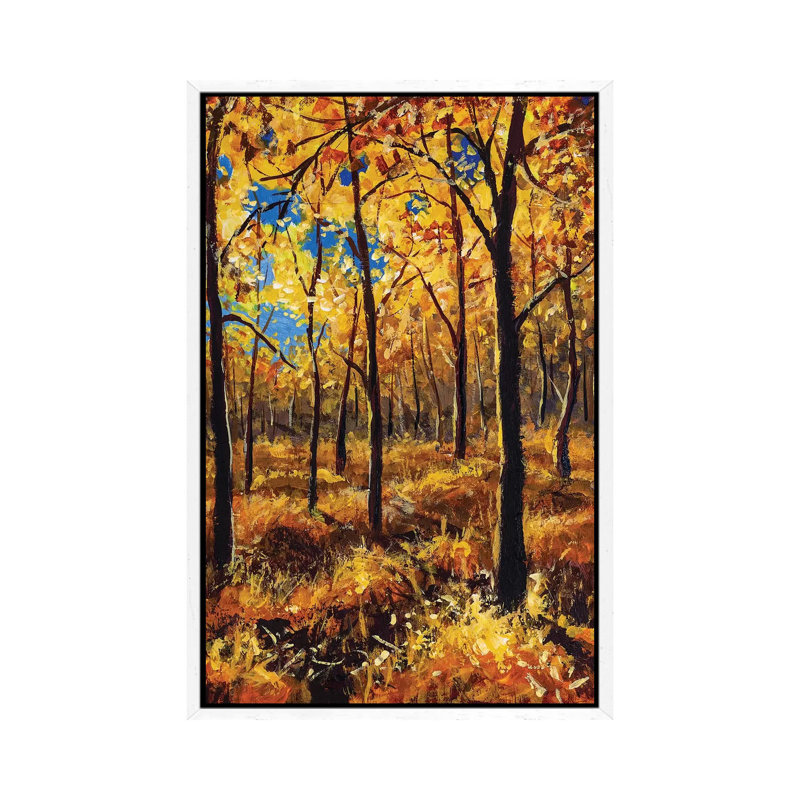 Beautiful Autumn Trees In Gold Warm Orange Autumn Forest Park Alley by Valery Rybakow - Painting on Canvas, White Framed