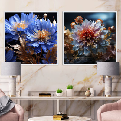 Blue and Crystal Cornflowers Harmony - ensemble de 2 carrés de fleurs