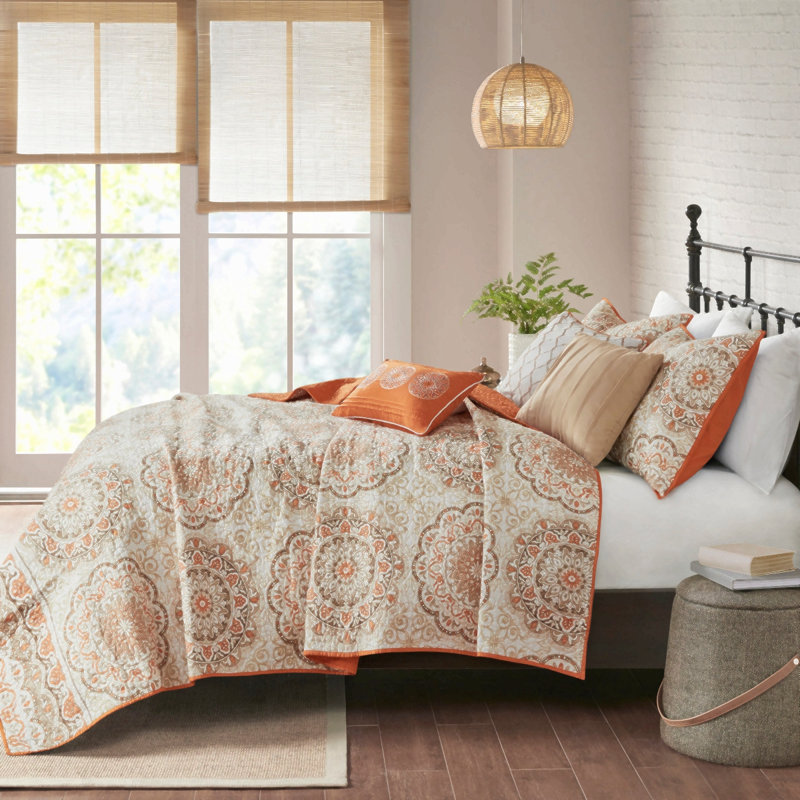 Ensemble de courtepointe réversible 6 pièces avec coussins décoratifs orange double / grand