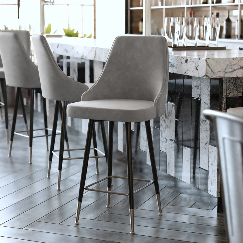 Huseyn Commercial LeatherSoft Stools with Metal Frames and Silver Accented Feet and Footrests, Gray