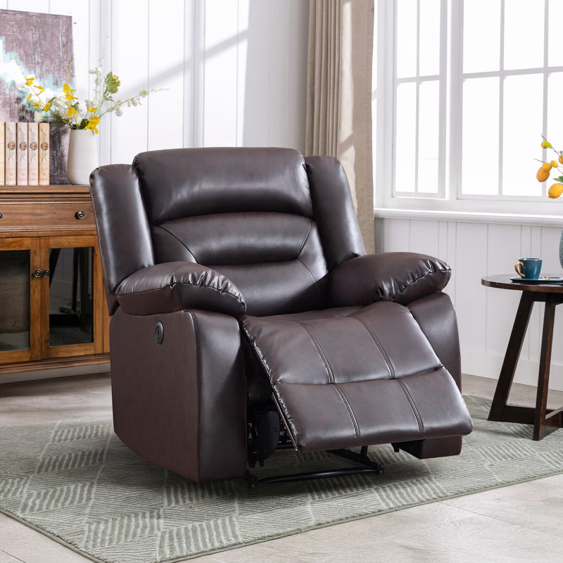 Brenaya 37" Wide Modern and Overstuffed Soft Breathable Faux Leather Power Standard Recliner with USB Port