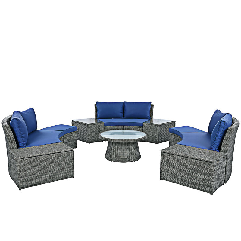 10-Piece Outdoor Sectional Sofa Set, Blue Cushion/Light Gray Frame