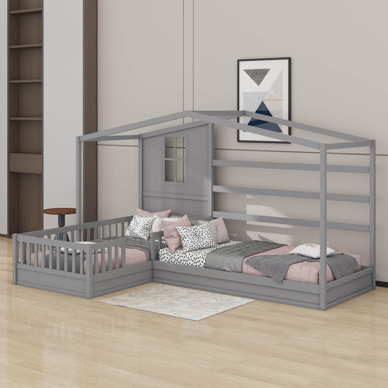 Lit simple en bois avec clôture, Gris