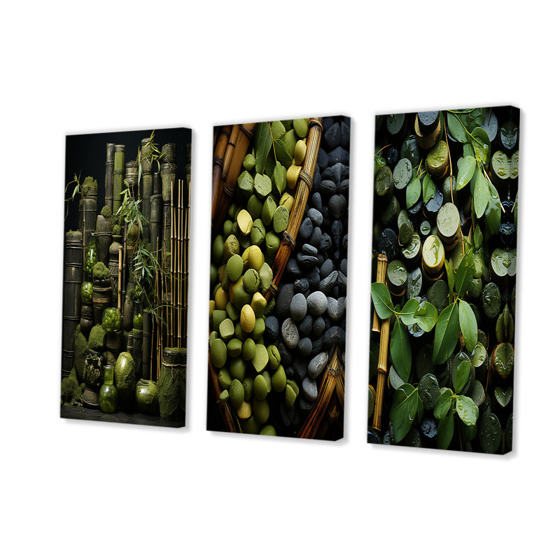 Tranquil Greenery Bamboo Oasis I - Ensemble de 3 reproductions d'art sur toile en bambou, H 28 po x l 36 po, Toile tendue