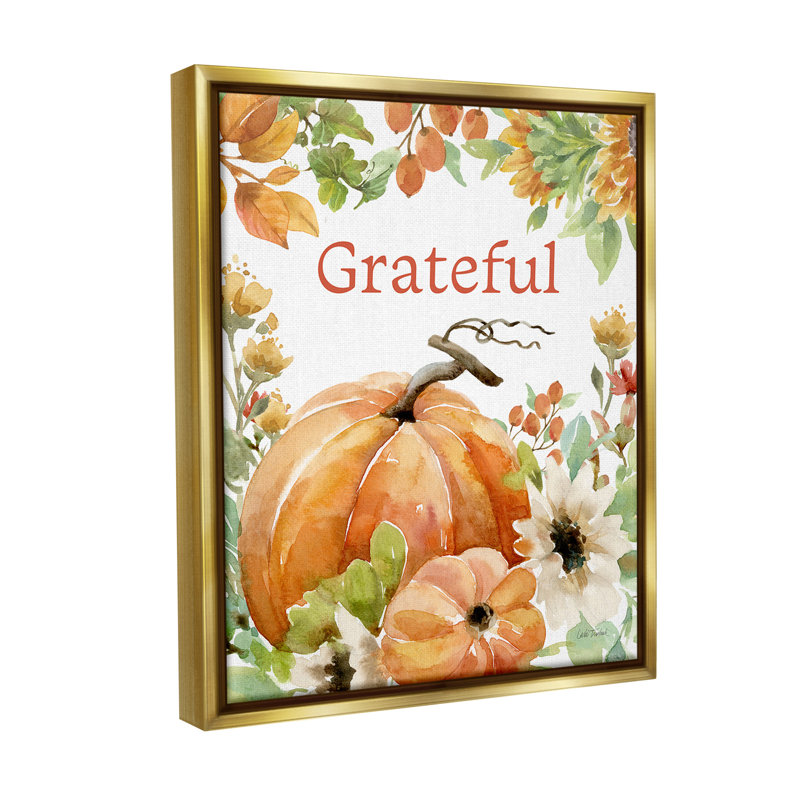 "Grateful Pumpkins And Flowers" par Leslie Trimbach sur toile, Cadre flottant métallique doré, H 31 po x l 25 po