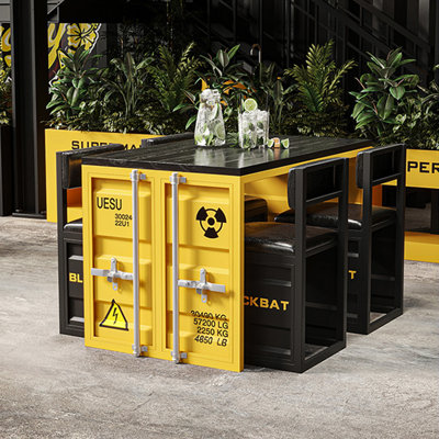 Industrial Air Container Table And Chairs 4 - Person Solid Wood Top Trestle Dining Set