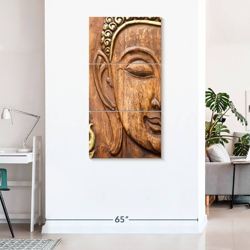 Bouddha en bois sculpté 3 pièces, H 75 po x l 36 po x P 1,25 po