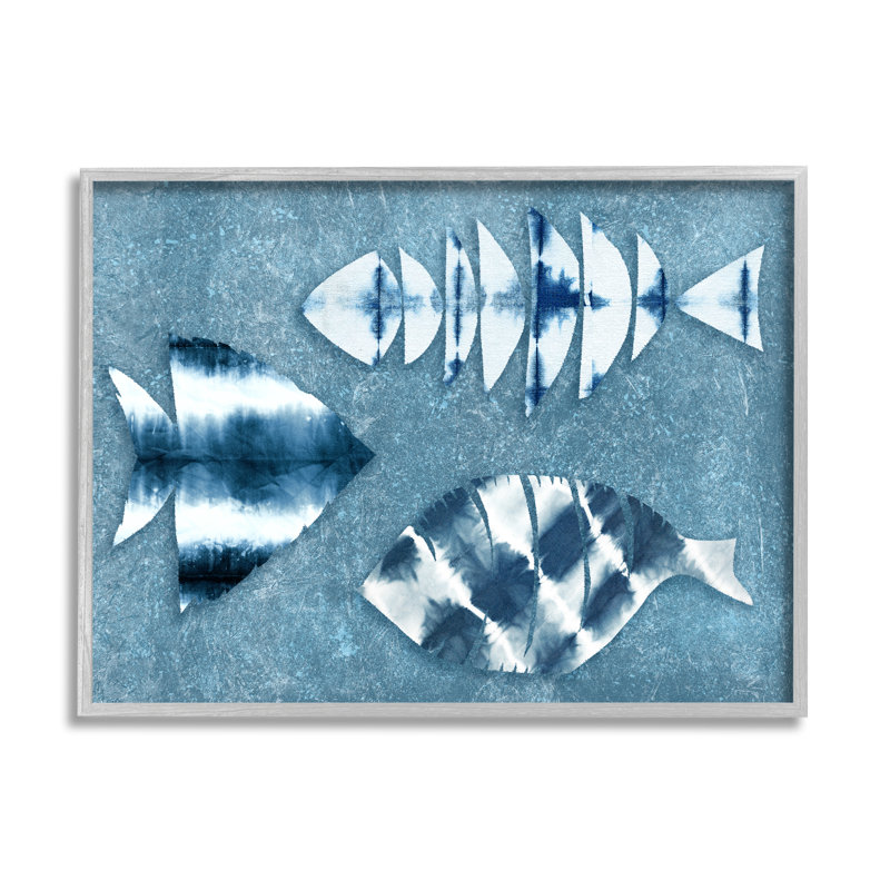 " Abstract Fish Silhouette Shapes Blue Tie Dye Pattern " by Ziwei Li, Farmhouse Gray Framed Giclee, 24" H x 30" W x 1.5" D