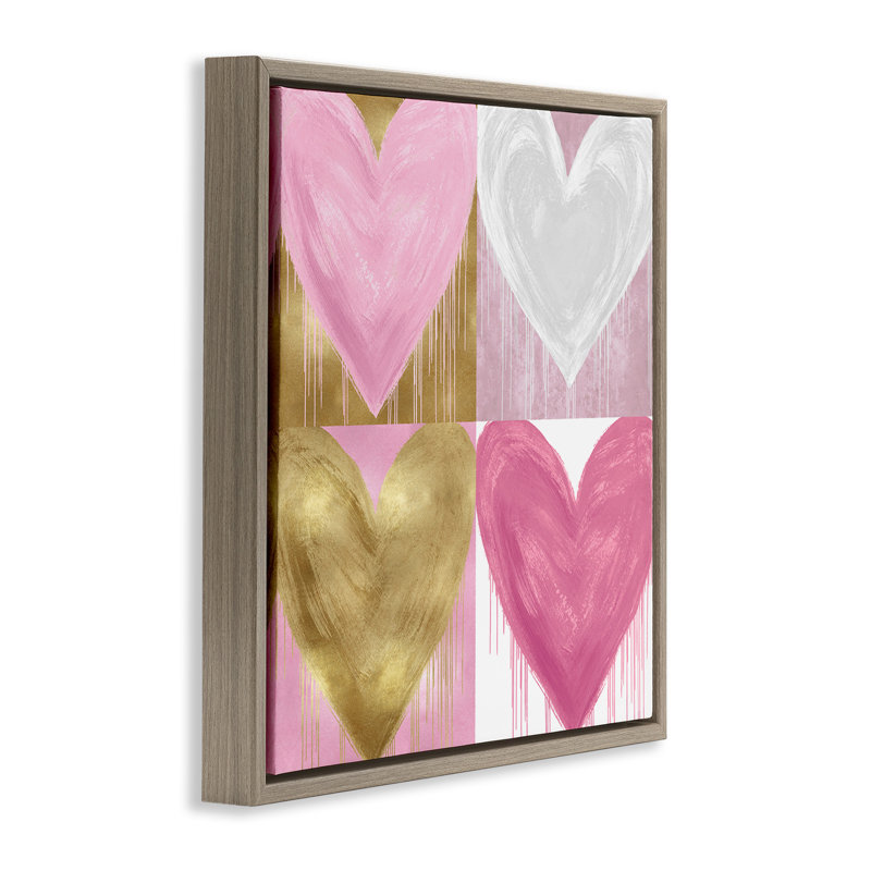 «Pink & Gold Glam Hearts», encadrée dorée sur toile flottante par Lindsay Rodgers, Cadre flottant orme Montalcino
