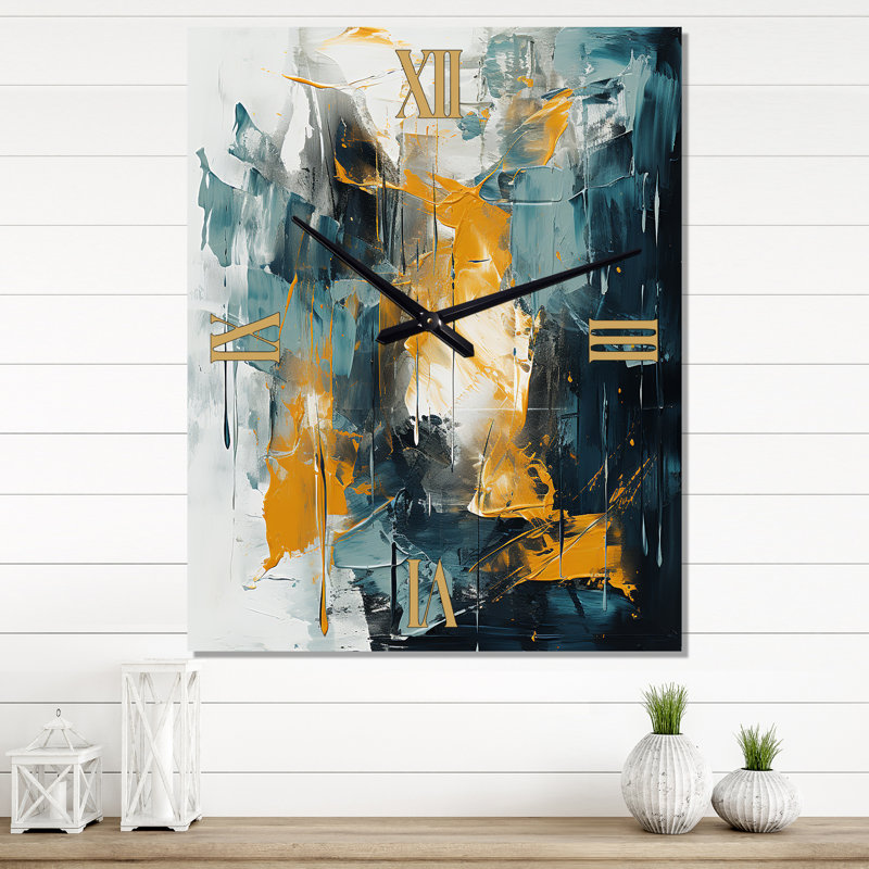 Horloge murale «Bliss Of Happiness» en jaune et bleu III - Collages abstraits surdimensionnés, H 32 po x l 24 po x P 1 po